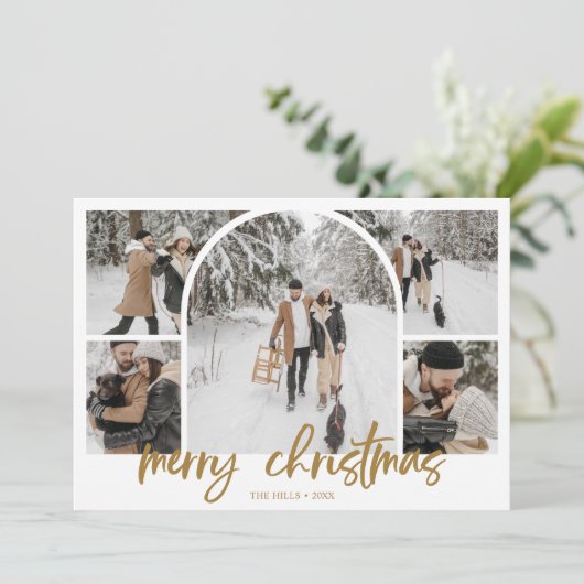 Foto Collage Arch Merry Christmas Fancy Script Feestdagenkaart (Staand voorkant)