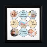 Foto: Collage Baby Boy Name, geboorte stats and du Cadeaudoosje<br><div class="desc">Geef deze prachtige kluis een persoonlijk tintje met 5 aangepaste foto's van uw pasgeboren baby, omgeven door speelse cirkels en een witte neutrale achtergrond. (De foto's van het Instagram werken geweldig!) Voeg gemakkelijk geboorteaankondigingsdetails toe - Naam, geboortedatum, gewicht en hoogte. Kute baby eenden en de twee gele cirkels terwijl de...</div>