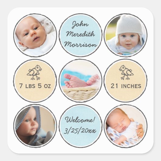 Foto: Collage Baby Boy Name, geboorte stats and du Vierkante Sticker (Voorkant)