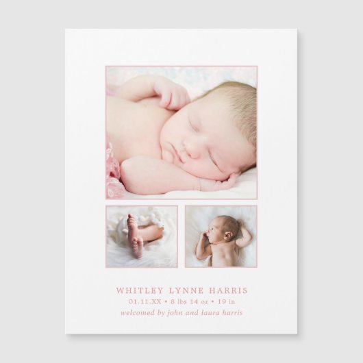 Foto Collage Baby Girl Birth Announding Magnet Magnetische Uitnodiging (Voorkant)
