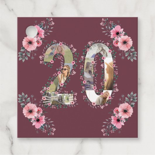 Foto collage Big 20th Birthday Girl Pink Flower Bedankjes Labels (Voorkant)
