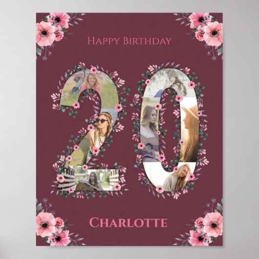 Foto collage Big 20th Birthday Girl Pink Flower Poster (Voorkant)