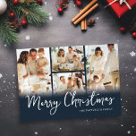 Foto Collage Blauw Familie Kerstmis Feestdagenkaart<br><div class="desc">Neem dit jaar de tijd om een mooie en gepersonaliseerde familie kerstkaart te creëer. Met een klassieke blauwe achtergrond kunt u met deze 4-foto-sjablonen de foto's vervangen door uw eigen speciale herinneringen en uw familienaam. Er is ook een boodschap die je kunt personaliseren!</div>