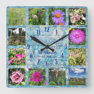 Foto collage Blauwe Shabby Chic Hout Vierkante Klok