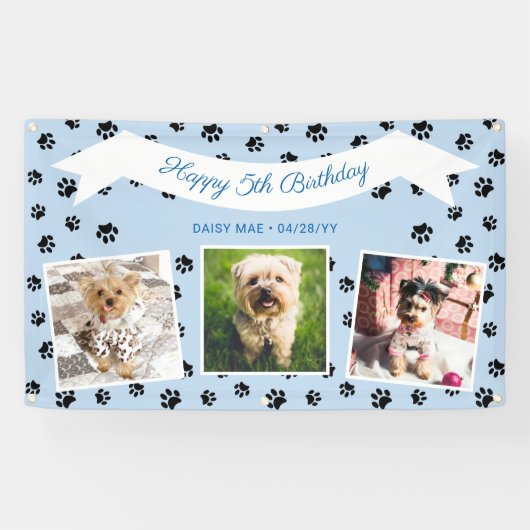Foto: Collage Blue Black Paw Drukt Pet Birthday Spandoek (Horizontaal)