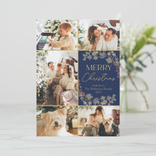 Foto Collage Blue Gold Merry Christmas Kaart (Staand voorkant)