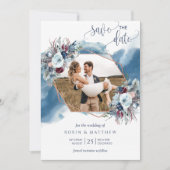 Foto Collage, Blue, Paars, Bourgogne Waterverf Save The Date (Voorkant)