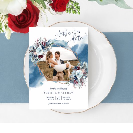 Foto Collage, Blue, Paars, Bourgogne Waterverf Save The Date