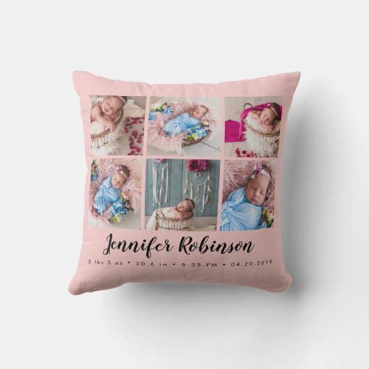 Foto Collage Blush Roos Monogramed Birth Stat Kussen (Achterkant)