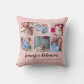 Foto Collage Blush Roos Monogramed Birth Stat Kussen (Voorkant)