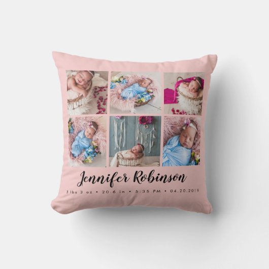Foto Collage Blush Roos Monogramed Birth Stat Kussen (Voorkant)