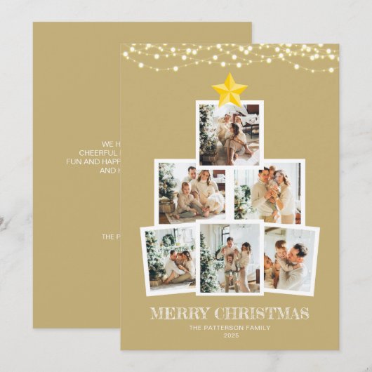 Foto Collage Boom Gouden String lichten Kerstmis Feestdagenkaart (Voorkant / Achterkant)