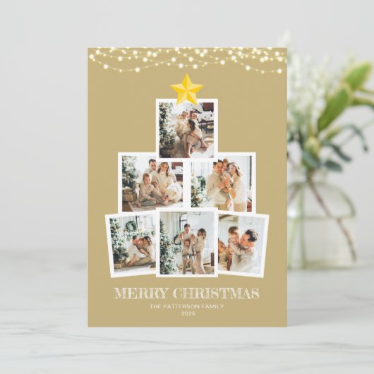 Foto Collage Boom Gouden String lichten Kerstmis Feestdagenkaart (Staand voorkant)