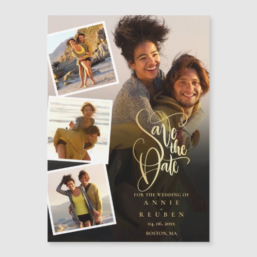 Foto Collage Bruiloft Goud Save The Date Magnetische Uitnodiging (Voorkant)