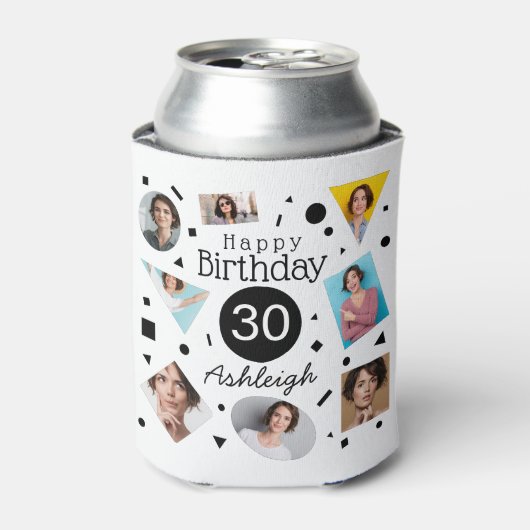 Foto Collage Confetti Naam 30e Verjaardag Blikjeskoeler (Blikje Voorkant)