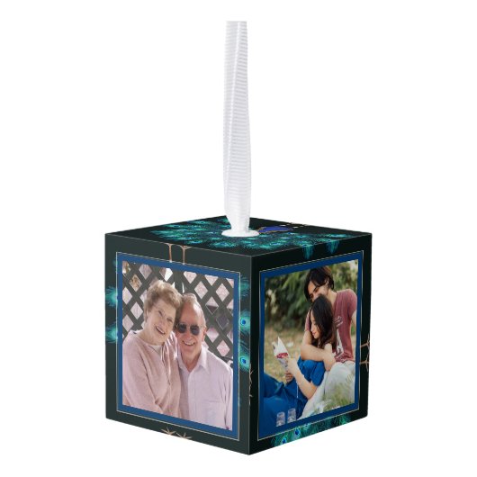 Foto Collage CUBE Kerstversiering Peacock 2 Ornament (Achter hoekig)