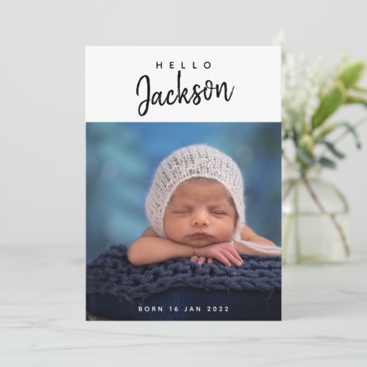 Foto Collage Custom Baby Boy Script Birth Aankondiging (Staand voorkant)