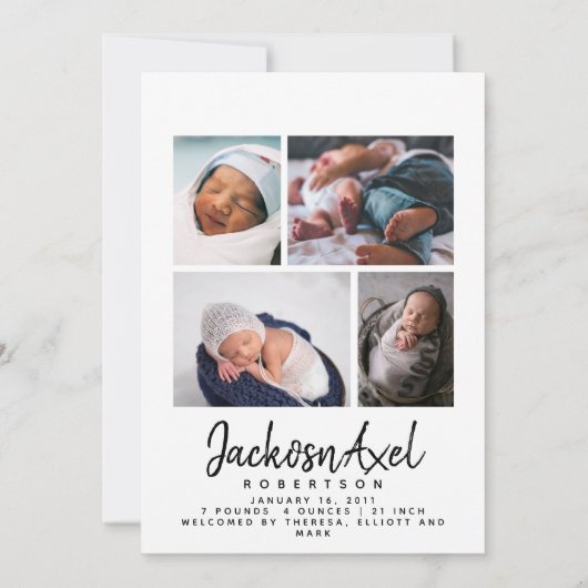 Foto Collage Custom Baby Boy Script Birth Aankondiging (Achterkant)
