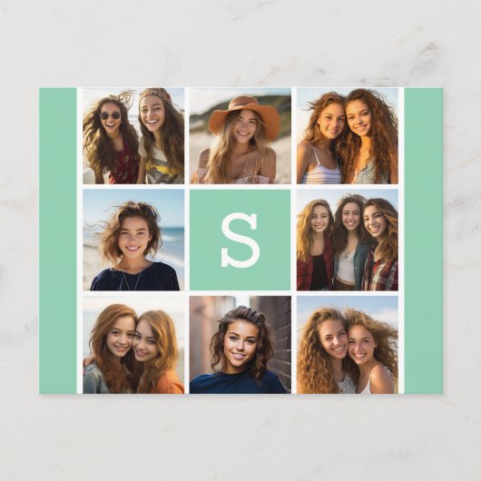 Foto Collage Custom Monogram Mint Green Briefkaart (Voorkant)