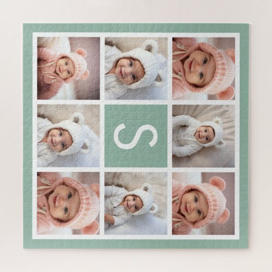 Foto Collage Custom Monogram Mint Green Legpuzzel (Horizontaal)