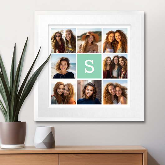 Foto Collage Custom Monogram Mint Green Poster