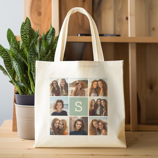 Foto Collage Custom Monogram Mint Green Tote Bag