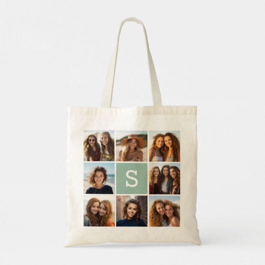 Foto Collage Custom Monogram Mint Green Tote Bag (Achterkant)