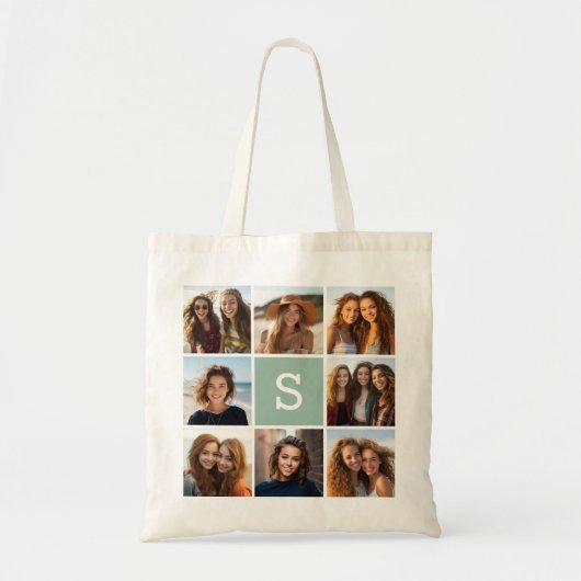 Foto Collage Custom Monogram Mint Green Tote Bag (Voorkant)