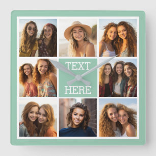Foto Collage Custom Monogram Mint Green Vierkante Klok