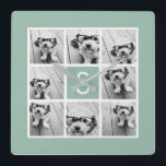Foto Collage Custom Monogram Mint Green Vierkante Klok<br><div class="desc">U kunt de foto's van het Instagram voor dit ontwerp gebruiken. Gebruik 8 vierkante foto's om een uniek en persoonlijk cadeau te creëer. Of je kunt de hipster puppy houden en een trendy keepslag maken. Als u de afbeeldingen moet aanpassen,  klik op het aanpassingshulpmiddel om veranderingen aan te brengen.</div>