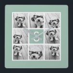 Foto Collage Custom Monogram Mint Green Vierkante Klok<br><div class="desc">U kunt de foto's van het Instagram voor dit ontwerp gebruiken. Gebruik 8 vierkante foto's om een uniek en persoonlijk cadeau te creëer. Of je kunt de hipster puppy houden en een trendy keepslag maken. Als u de afbeeldingen moet aanpassen,  klik op het aanpassingshulpmiddel om veranderingen aan te brengen.</div>