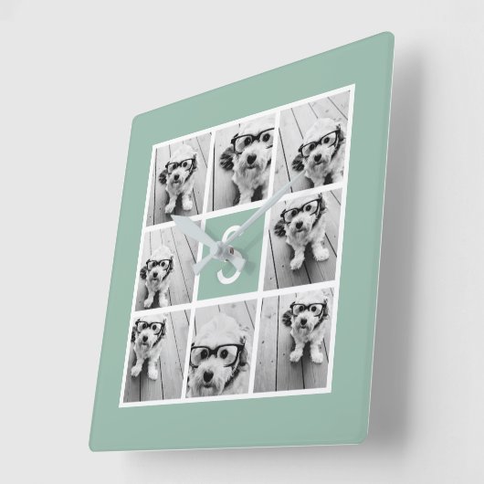 Foto Collage Custom Monogram Mint Green Vierkante Klok (Hoek)