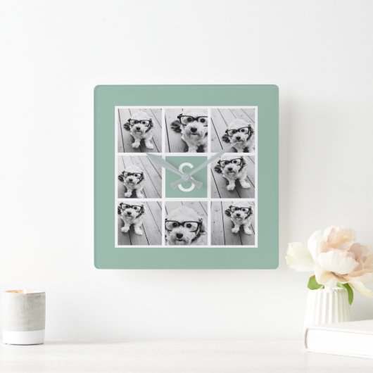 Foto Collage Custom Monogram Mint Green Vierkante Klok (Huis)