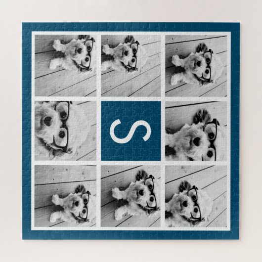 Foto Collage Custom Monogram Navy Blue Legpuzzel (Horizontaal)