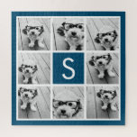 Foto Collage Custom Monogram Navy Blue Legpuzzel<br><div class="desc">U kunt de foto's van het Instagram voor dit ontwerp gebruiken. Gebruik 8 vierkante foto's om een uniek en persoonlijk cadeau te creëer. Of je kunt de hipster puppy houden en een trendy keepslag maken. Als u de afbeeldingen moet aanpassen,  klik op het aanpassingshulpmiddel om veranderingen aan te brengen.</div>