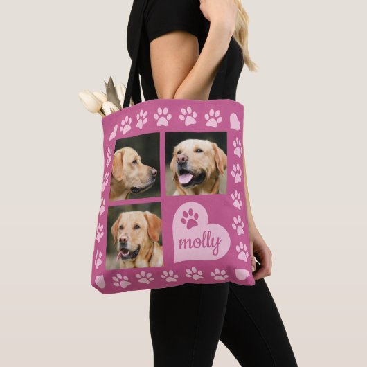Foto Collage Dog Naam Roze Heart Tote Bag (Dichtbij)
