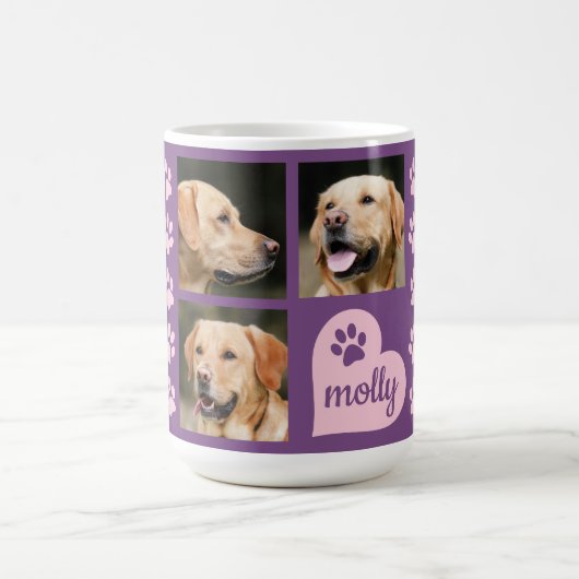 Foto Collage Dog Naam Roze Paars Heart Koffiemok (Center)