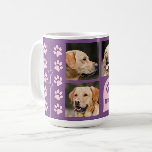 Foto Collage Dog Naam Roze Paars Heart Koffiemok (Voorkant links)