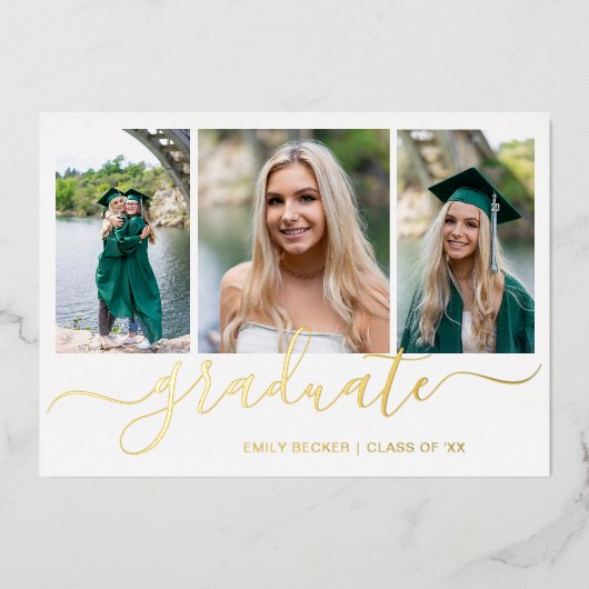 Foto-collage Elegant Script Afstudeerfeest Goud Folie Uitnodiging (Voorkant)