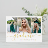 Foto-collage Elegant Script Afstudeerfeest Goud Folie Uitnodiging (Staand Voorkant)