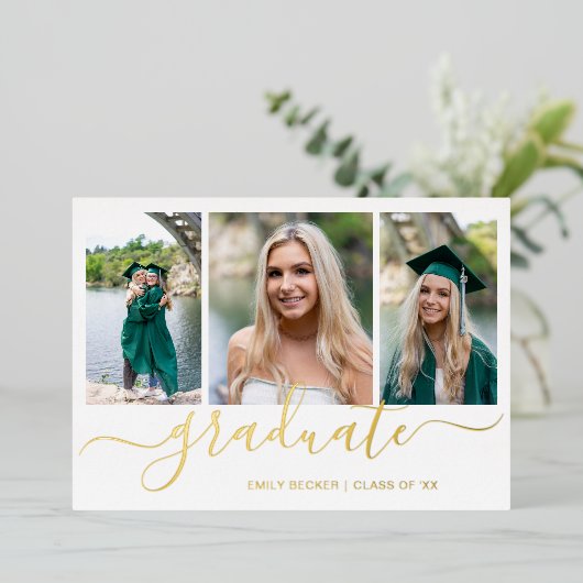 Foto Collage Elegant Script Gradution Party Gold Folie Uitnodiging (Staand Voorkant)