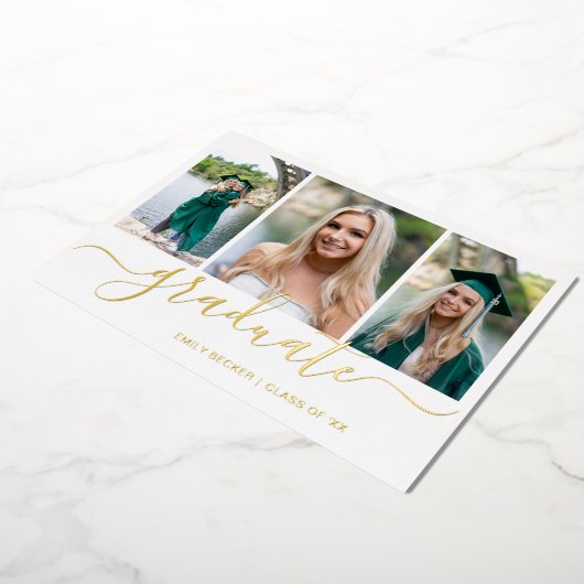 Foto Collage Elegant Script Gradution Party Gold Folie Uitnodiging (Gedraaid)
