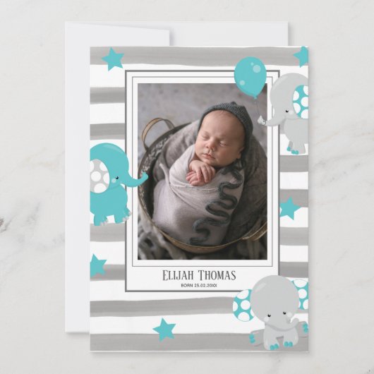 Foto Collage Elephant Gray Waterverf Stripe Baby Aankondiging (Voorkant)