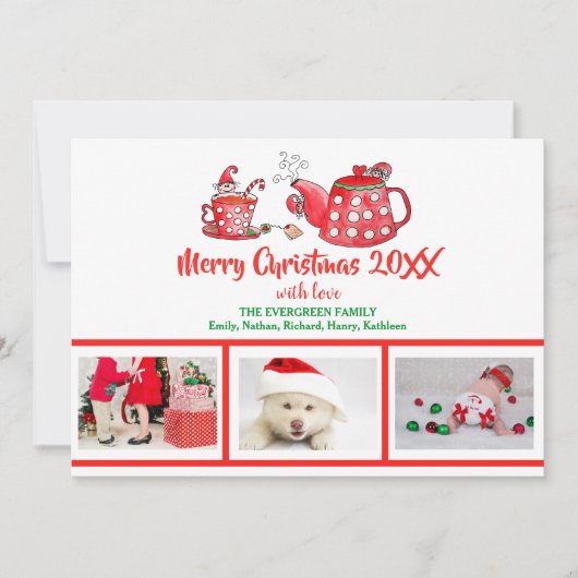 Foto Collage Elf Tea Kerstmis Waterverf Feestdagenkaart (Voorkant)