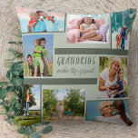 Foto Collage en Citaat voor grootouders - Groen Kussen<br><div class="desc">Stijlvol gooien kussens met aangepaste fotocollage en citaat voor grootouders. Het ontwerp is aan beide zijden van de kussen gedrukt en bevat 8 van uw eigen foto's. Het citaat is met de hand geschreven en luidt: "Grootkinderen maken het leven groots". Het fotomalplaatje is opstelling voor u om uw afbeeldingen met...</div>
