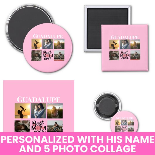 Foto Collage en Moeders Naam Roze Magneet