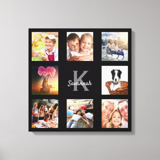 Foto collage familie monogram zwart uniek canvas afdruk (Voorkant)