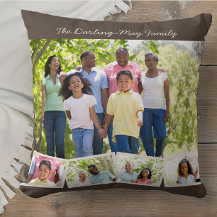 Foto Collage Familie Naam ZigZag Foto Strook Bruin Kussen
