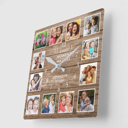 Foto Collage Familienaam Moment geregenereerd hout Vierkante Klok (Hoek)