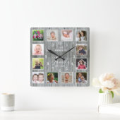 Foto Collage Familienaam Rustic Grey Wood Vierkante Klok (Huis)